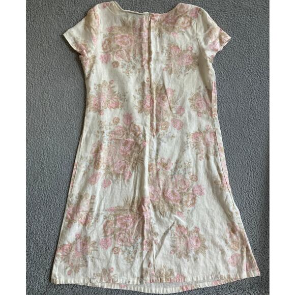 Eileen West Mini Dress 10P Linen Floral Short Sleeve Cream Pink Cottage Retro 10 - Picture 6 of 16